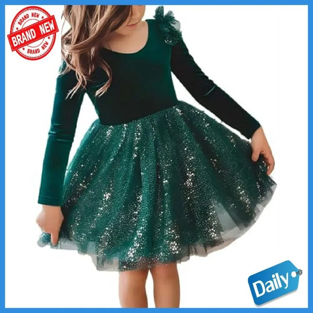 Velvet Tulle Sequin Tutu Dress Long Sleeve A-Line Kids Holiday Party